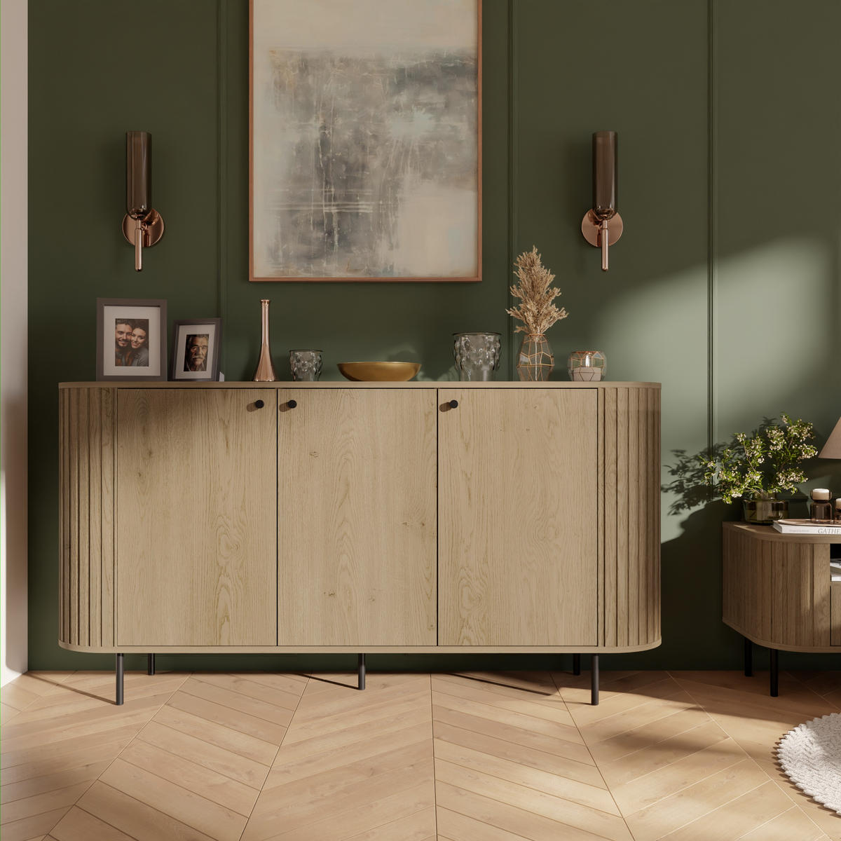 KOMMODE Olivia 165cm, mit 3 Türen und geriffeltem Design, eiche sonoma - Sonoma Eiche, Metall (43/85/165cm) - Margaret Hadas24