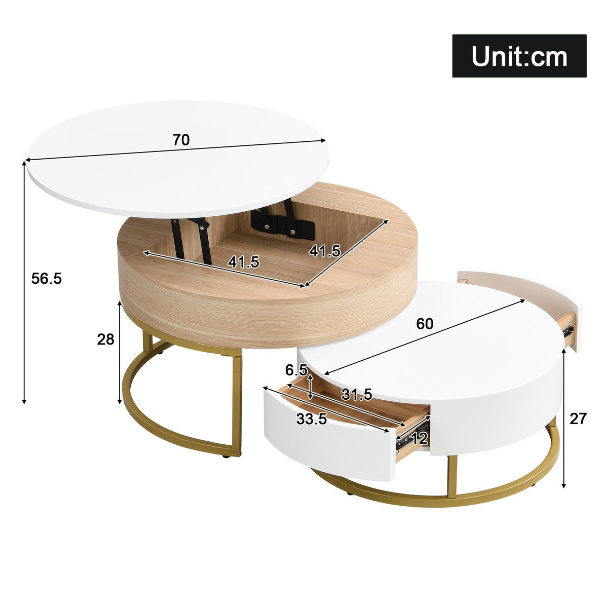 COUCHTISCH 70/70/42–56,5 cm Weiß und Holzoptik mit 2 Schubladen höhenverstellbar - Weiß, Holzwerkstoff (70/70/56.5cm) - OKWISH