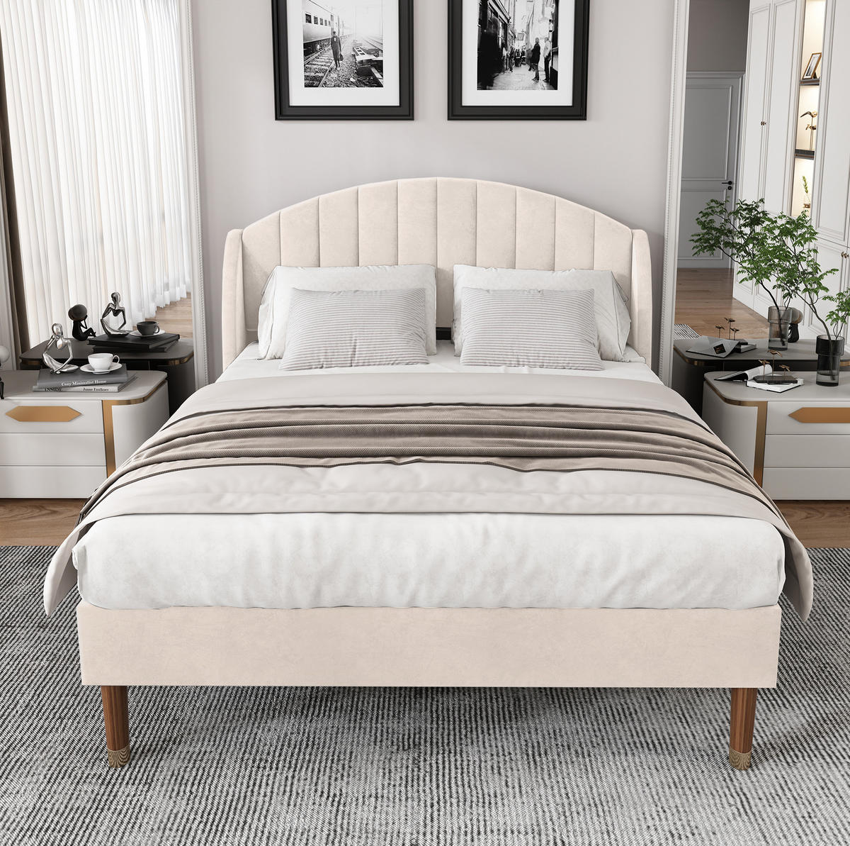 POLSTERBETT 140/200 cm mit Lattenrost, hohem gepolstertem Kopfteil und Samtbezug, Beige - Beige, Textil (140/200cm) - Redom
