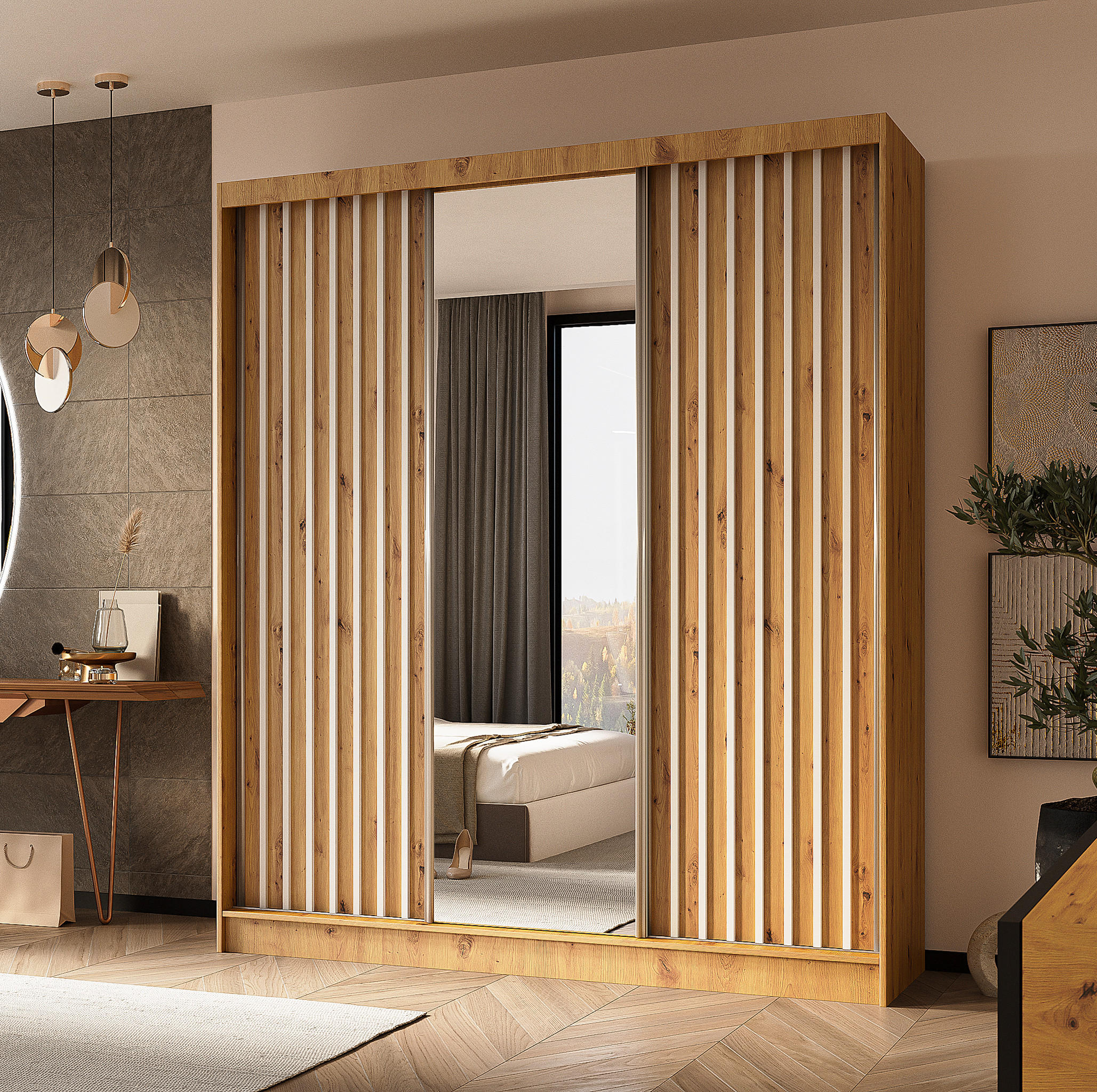SCHWEBETÜRENSCHRANK Cabinio Eiche Artisan Weiß 180/216/61 cm – mit Spiegel und Lamellen - Walnussfarben/Weiß, Holzwerkstoff/Kunststoff (180/216/61cm) - AX Living