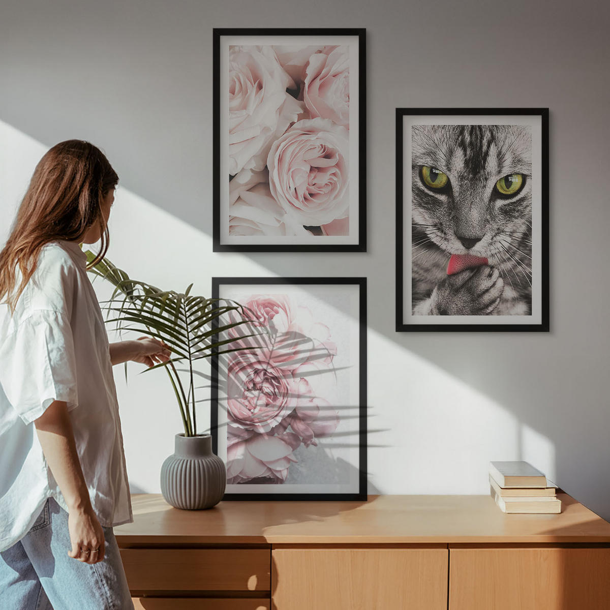 BILDER SET 3er Set - 40x60 cm Schwarzer Rahmen - Katze in rosa Blumen - Schwarz, Kunststoff (40/60cm) - TULUP
