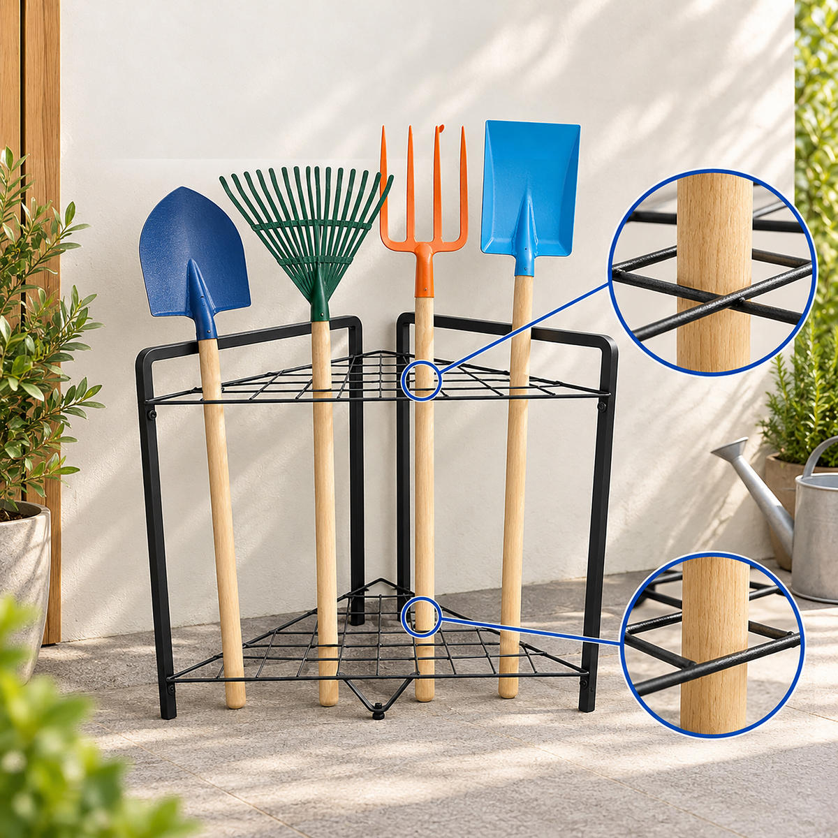 GARTENGERÄTESTÄNDER Mehrfarbig Stahl 2 Ebenen - Schwarz, Metall (65/59.5/47cm) - Relaxdays