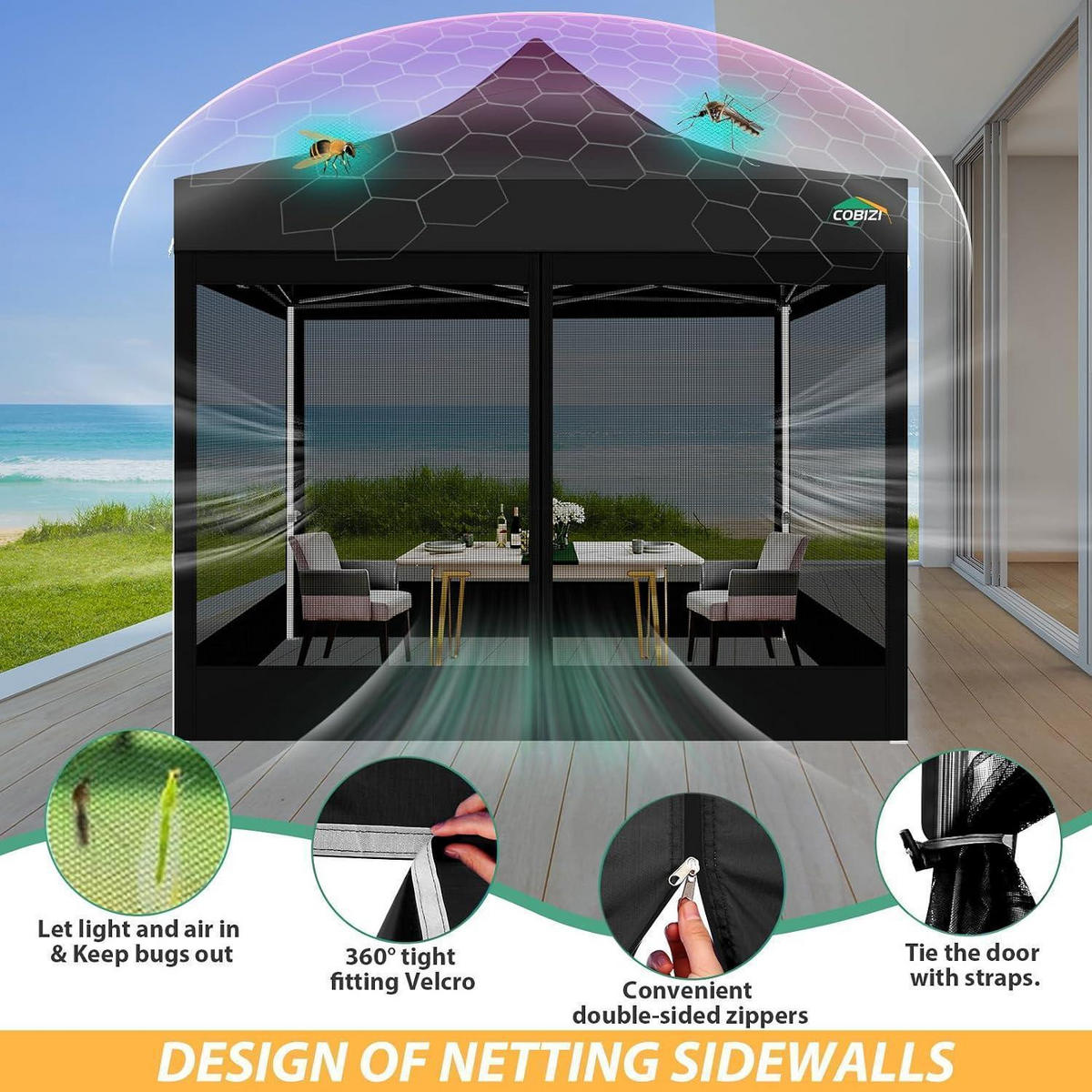 GARTENPAVILLON 3x3m Wasserdicht mit Netz-Seitenwänden Schwarz - Schwarz, Textil (300/335/300cm)