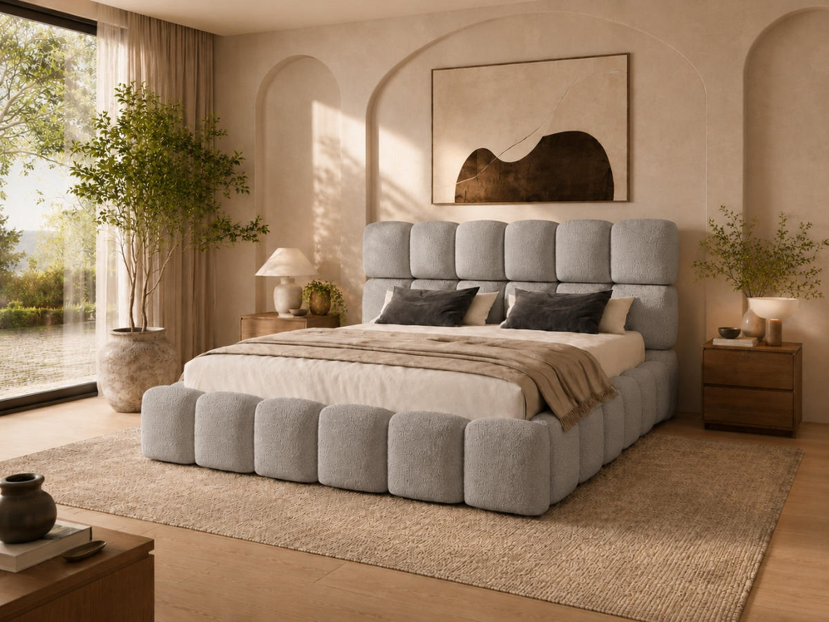 POLSTERBETT TESSA 140x200 cm in Grau, gepolstertes Kopfteil, Metalllattenrost, Bettkasten, Bouclé-Stoff - Grau, Holz/Textil (140/200cm) - EMLAR Home