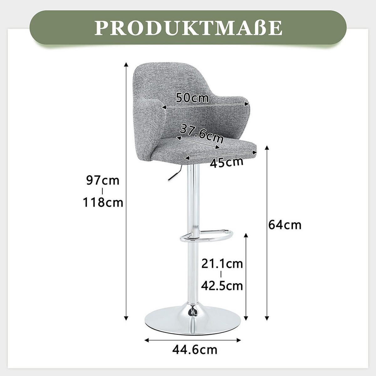 SET TABURET BAR (2 BUC) cu cotiere, rotire 360°, Gri - gri, material textil (37.6/118/45cm) - KOMHTOM