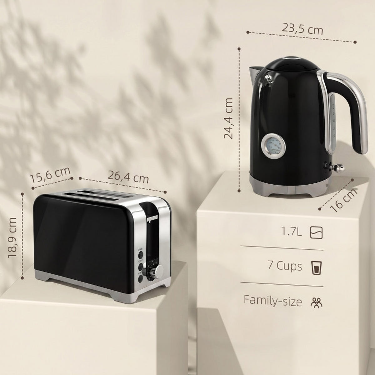 WASSERKOCHER‑SET mit Toaster, 1,7 L elektrischer Wasserkocher & 2‑Scheiben‑Toaster, Retro‑Frühstücksset in Schwarz‑Edelstahl für die Küche - Schwarz, Metall (23.5/24.4/16cm) - Joyfair