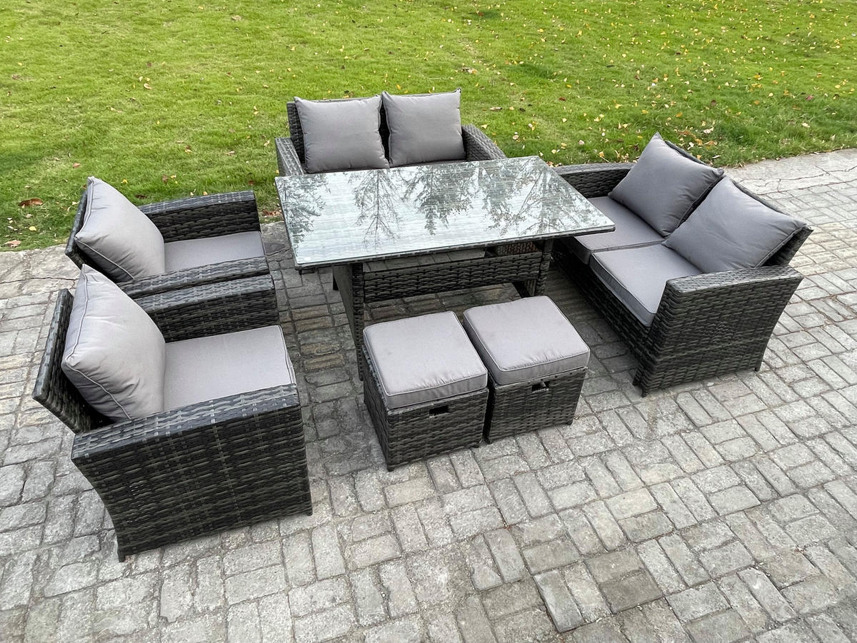 GARTENMÖBELSET mit 2 Sesseln,2 Zweisitzer,2 Hockern,Esstisch Polyrattan Dunkelgrau 8-Sitzer - Dunkelgrau/Grau, Glas/Kunststoff - Fimous