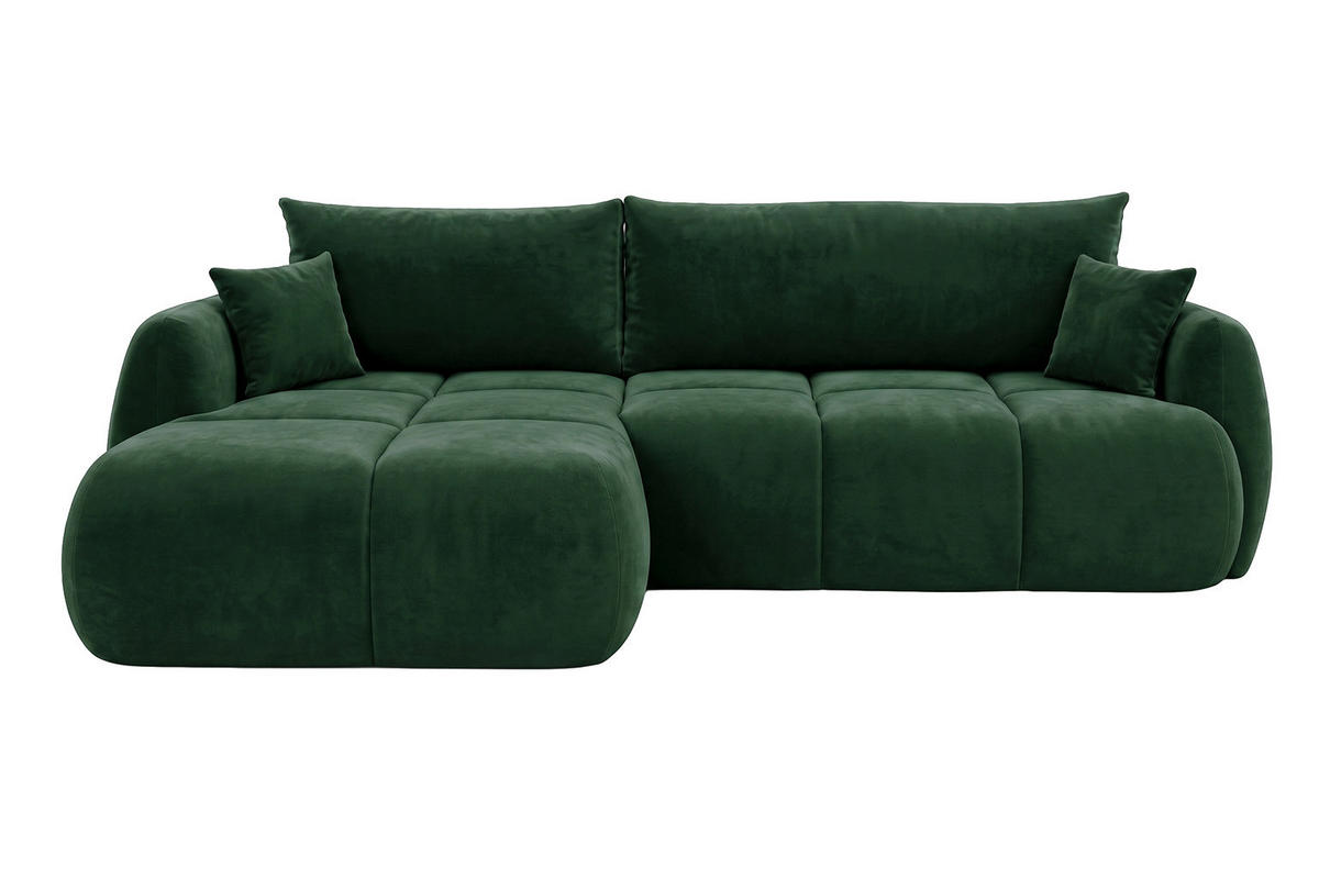ROHOVÁ SEDAČKA s rozkládací funkcí a úložným prostorem, sametová látka Bluvel, Zelená, Levá, COCO - zelená barva, dřevo (275/180cm) - Kaiser Möbel
