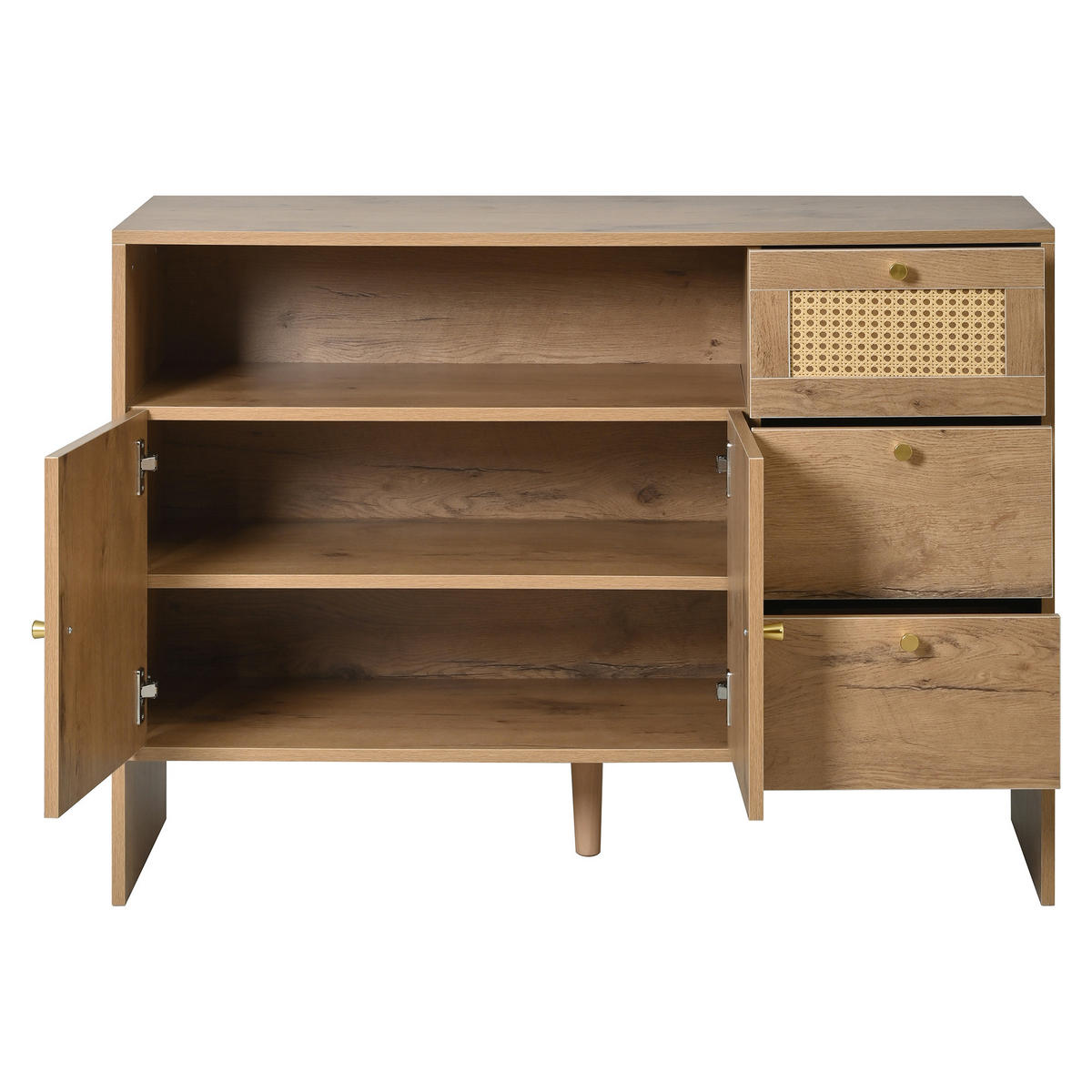 SIDEBOARD holzoptik & rattan mit 3 schubladen & 2 türen - Naturfarben, Holzwerkstoff (105/76/40cm) - Urban Meuble