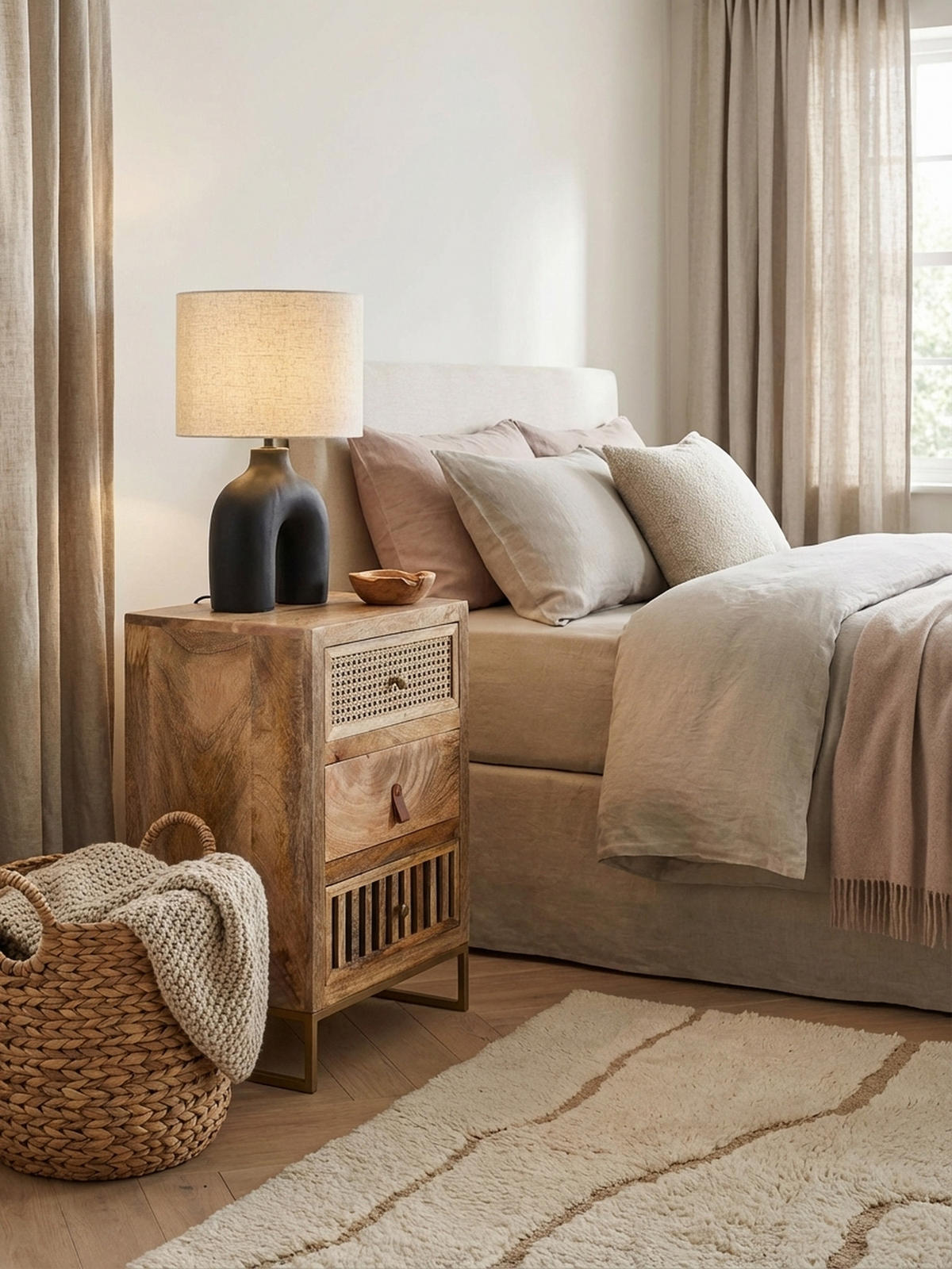 NACHTTISCH – Mango Massivholz/Rattan, 3 Schubladen, für Boxspringbett - Goldfarben/Braun, Holz/Metall (40/60/30cm) - KADIMA DESIGN