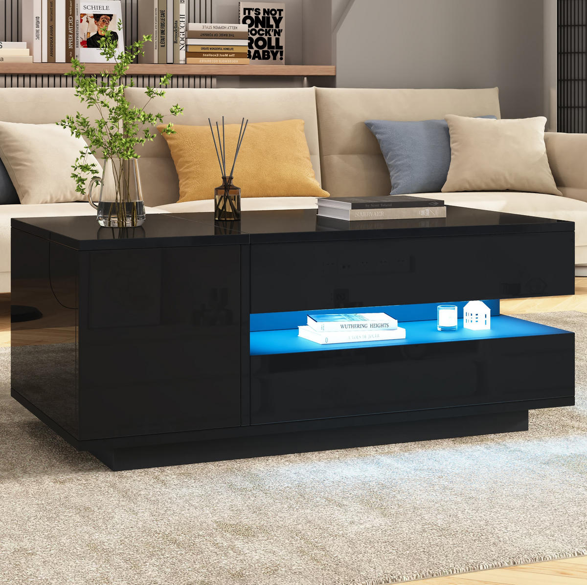COUCHTISCH 95/50/40 cm schwarz aus Spanplatte mit LED und Stauraum - Schwarz, Holzwerkstoff (95/50/40cm) - OKMYHOME