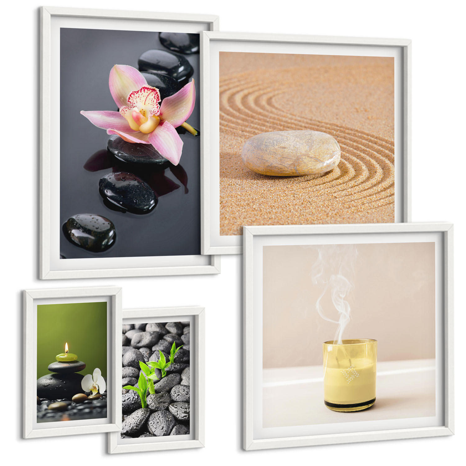 BILDER SET 5er Set - 50x50 cm & 20x30 cm & 40x60 cm Weißer Rahmen - Der Frieden der Natur mit Buddha - Weiß, Kunststoff (40/60cm) - TULUP