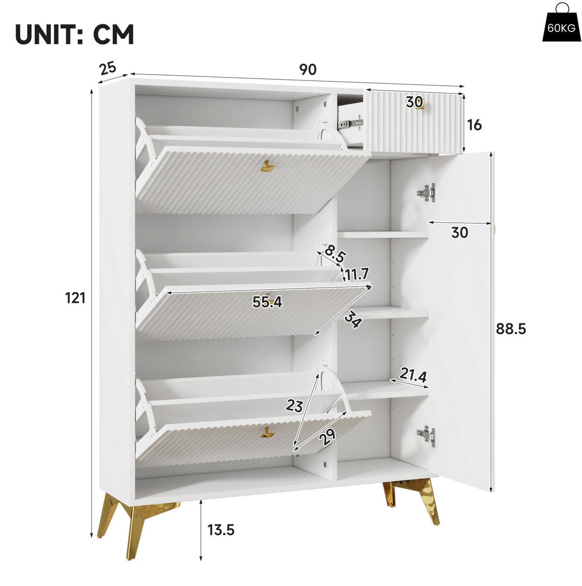 SCHUHSCHRANK 90/121/25 cm Weiß aus Holzwerkstoff und Metall mit 3 Klappen - Weiß, Holzwerkstoff (90/121/25cm) - OKMYHOME