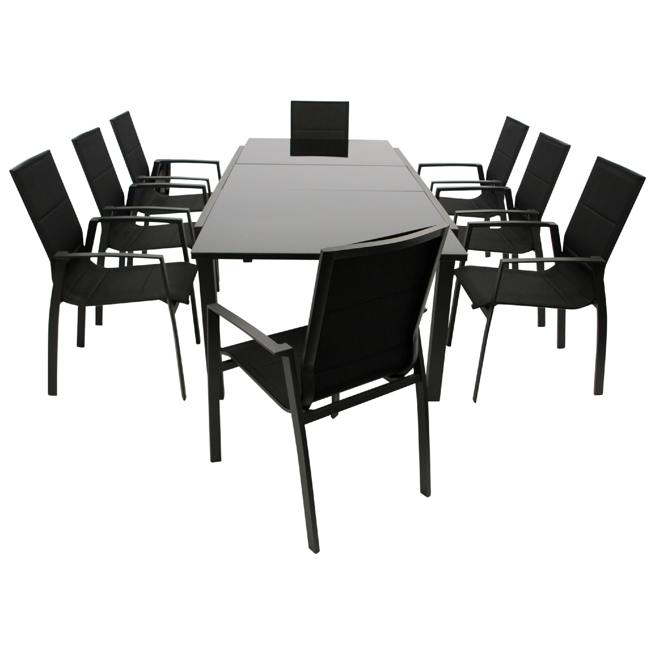GARTENGARNITUR Ashford - 9-teilig (8x Stapelsessel, Aluminium + Kunstgewebe schwarz Ausziehtisch 180/240x100cm) - Schwarz, Metall - TPFGarden