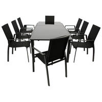 GARTENGARNITUR Ashford - 9-teilig (8x Stapelsessel, Aluminium + Kunstgewebe schwarz Ausziehtisch 180/240x100cm) - Schwarz, Metall - TPFGarden