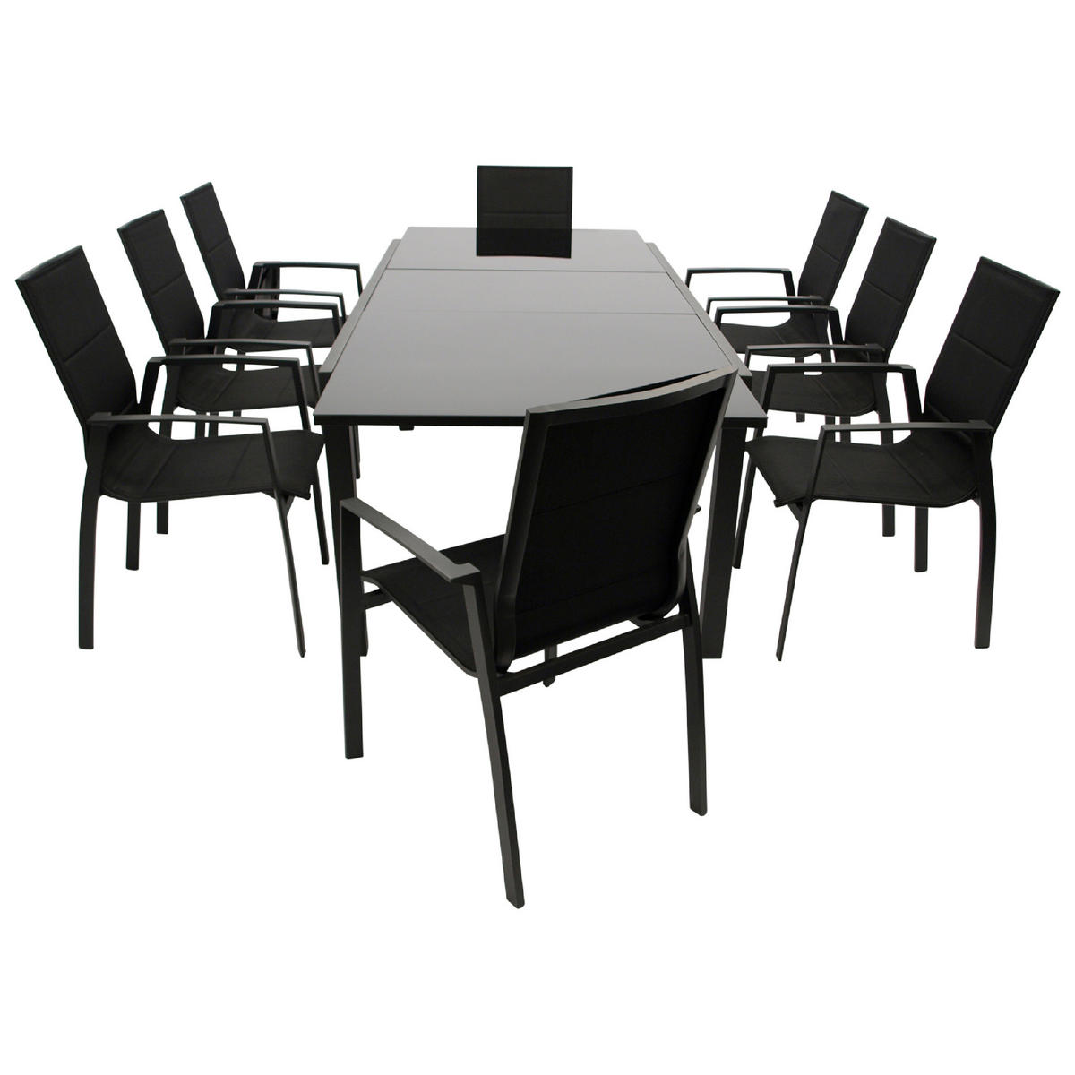 GARTENGARNITUR Ashford - 9-teilig (8x Stapelsessel, Aluminium + Kunstgewebe schwarz Ausziehtisch 180/240x100cm) - Schwarz, Metall - TPFGarden