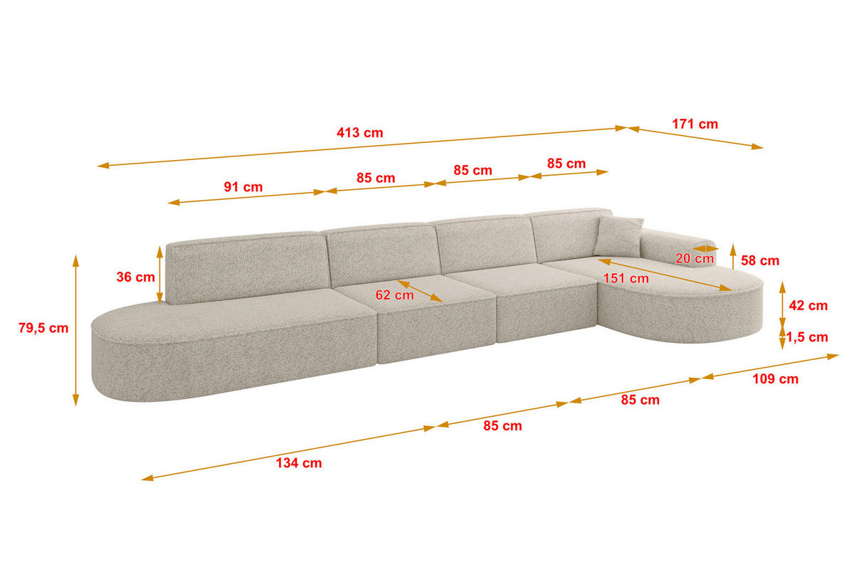ECKSOFA Ottomane Rechts MARI-L3 - 413x171x79 cm Beige Tissu - Beige/Schwarz, Holzwerkstoff/Kunststoff (171/413cm) - ALTDECOR
