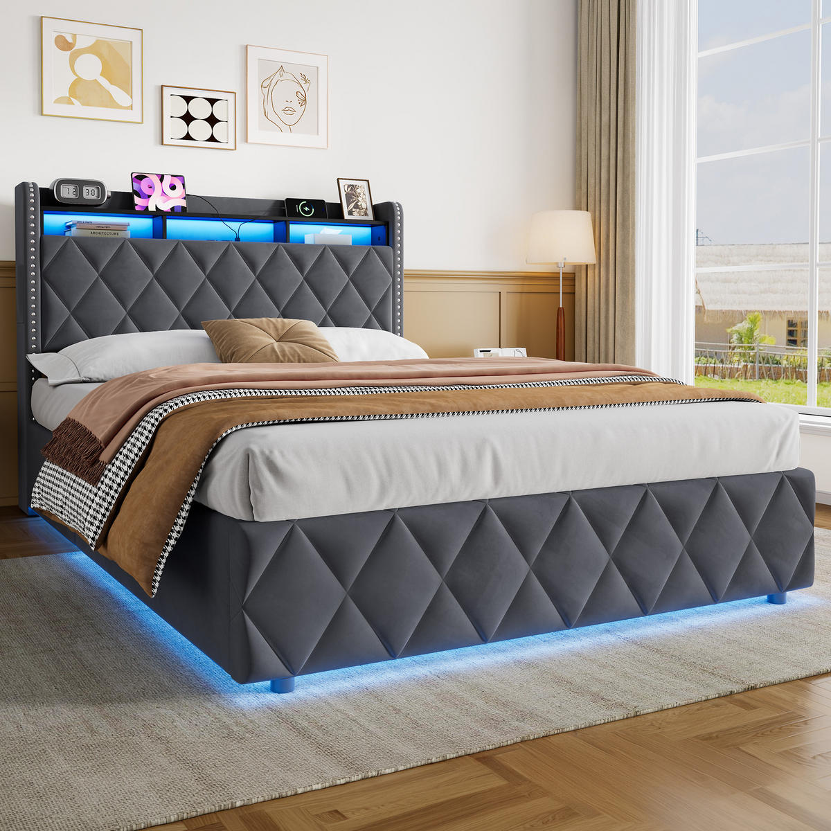 POLSTERBETT 140×200 mit LED-Beleuchtung, Bettkasten und Matratze - Grau, Holzwerkstoff/Textil (140/200cm) - EVRYAE
