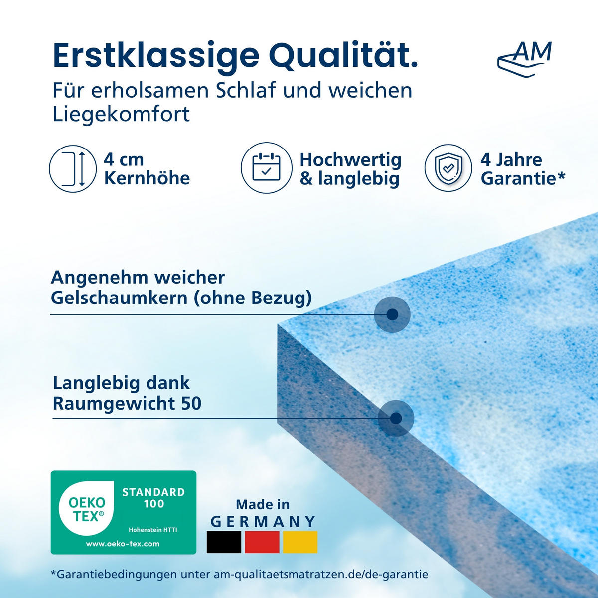 GELTOPPER ohne Bezug 140/200 cm - 4cm Höhe - Blau, Textil (140/200cm) - AM Qualitätsmatratzen