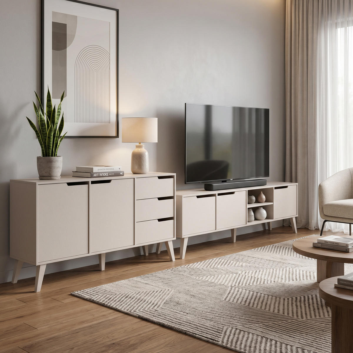 WOHNWAND Norel 2-teilig Kommode 160 cm + TV-Schrank 180 cm, Kaschmir - Kaschmir, Holzwerkstoff (180/55/40cm) - Beautysofa
