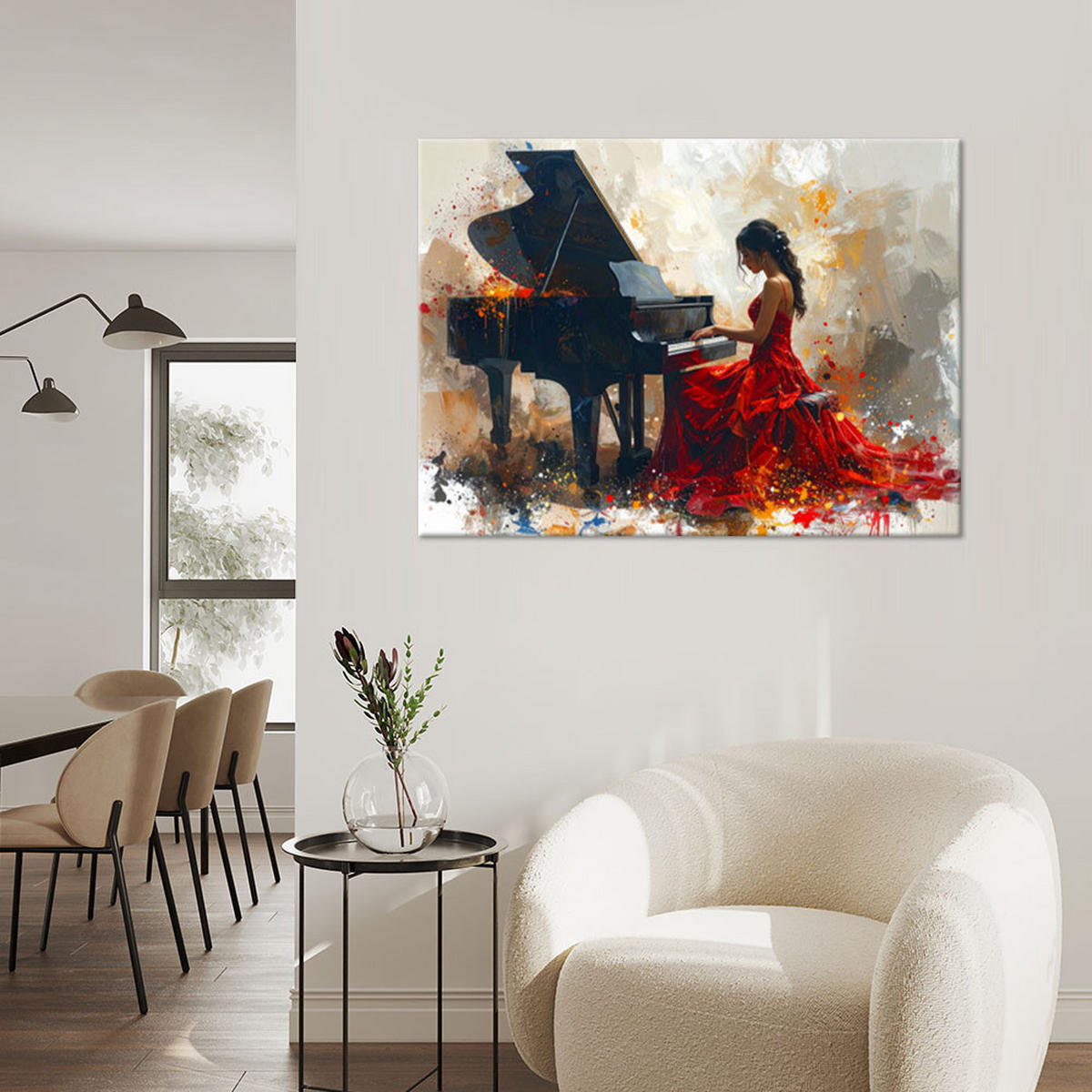 BILDER, Mädchen das Klavier spielt - Rot, Textil (90/60cm) - Feeby