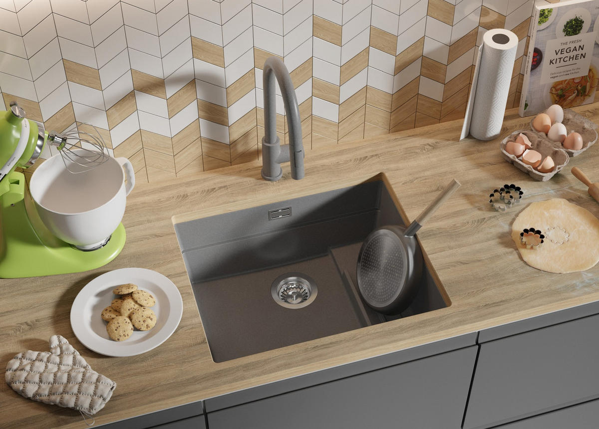 UNTERBAUSPÜLE GRANIT Praga, 2-er set Grau 56/47 cm 1 Becken + Ablauf-Set + Aufrollbare Abtropffläche ab 60er Unterschrank - Chromfarben/Grau, Kunststoff (56/20/47cm) - Primagran