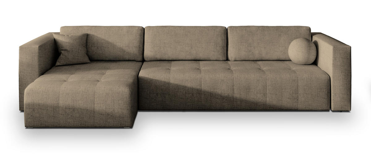 ECKSOFA OLVERA Braun Geflochtener Stoff mit Schlaffunktion - Braun, Holz (347/148cm) - MASSENO