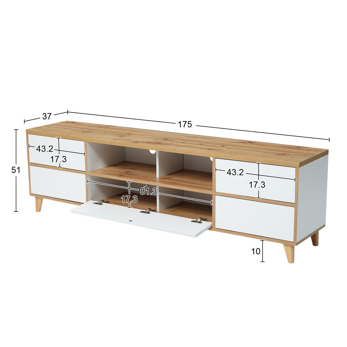 TV Lowboard 175x37x51 cm, 5 Türen, 2 offene Fächer - Weiß, Holz (175/51/37cm)