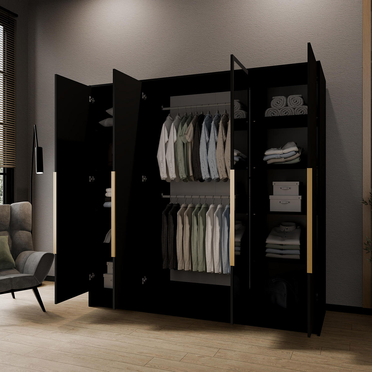 DREHTÜRENSCHRANK Laro mit Spiegel, Schwarz mit goldenen Griffen, 200 cm - Schwarz, Holzwerkstoff (200/200/51cm) - Beautysofa