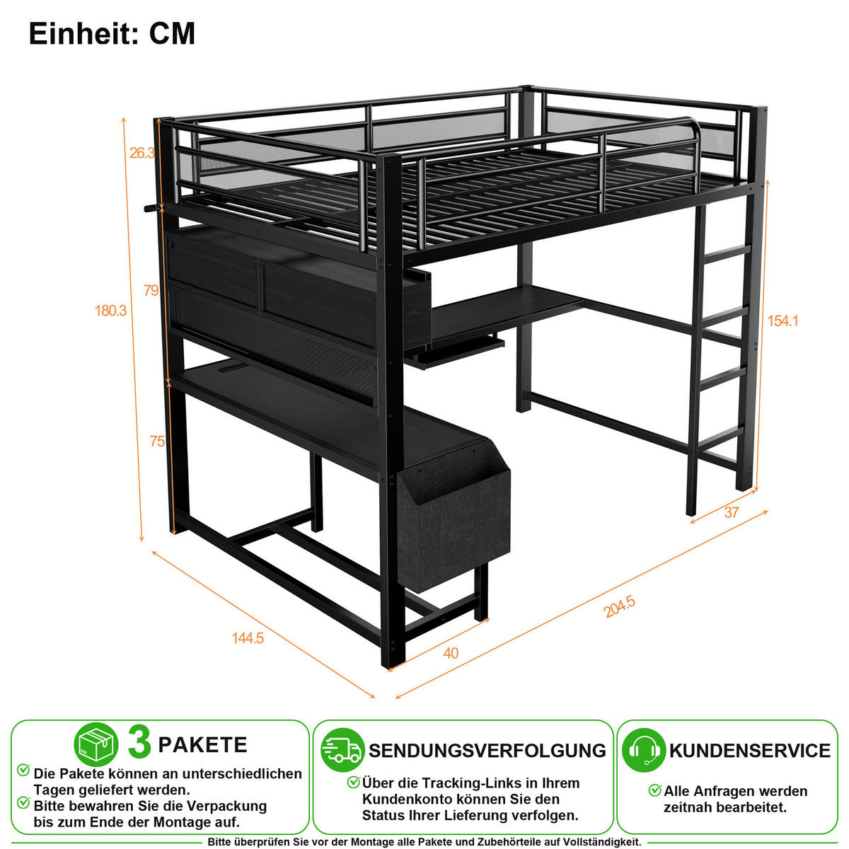 HOCHBETT 140/200 cm in Schwarz mit Schreibtisch, LED und USB - Schwarz, Holzwerkstoff/Metall (140/200cm) - CHICFURN