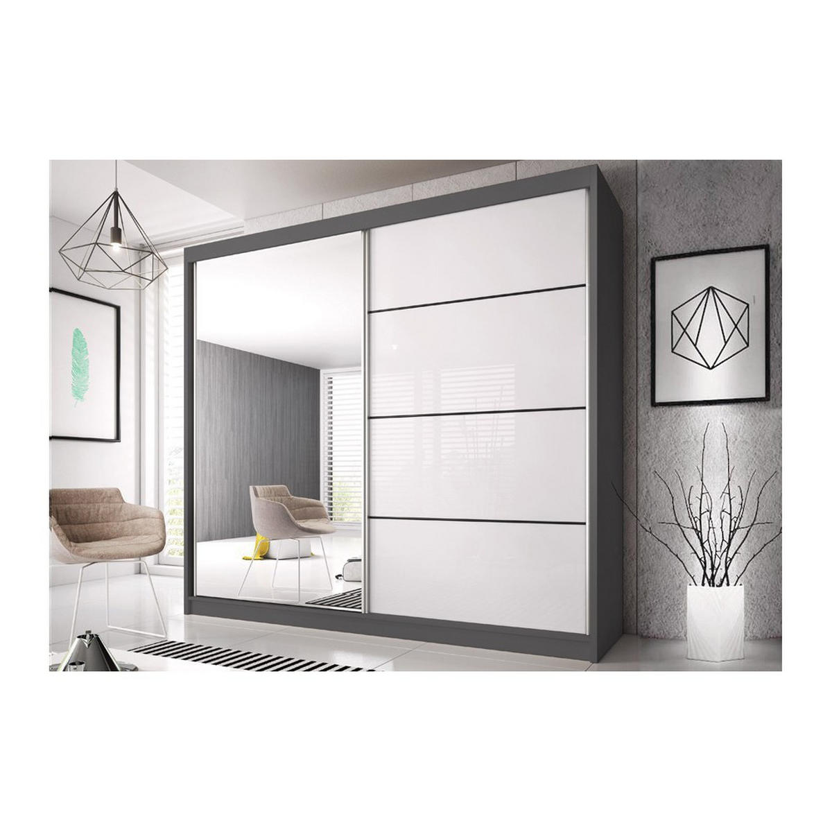SCHWEBETÜRENSCHRANK Multi 35 Grau/Weiß Semigloss + Spiegel 233 cm - Alufarben/Weiß, Glas/Holzwerkstoff (233/218/61cm) - imoebel24