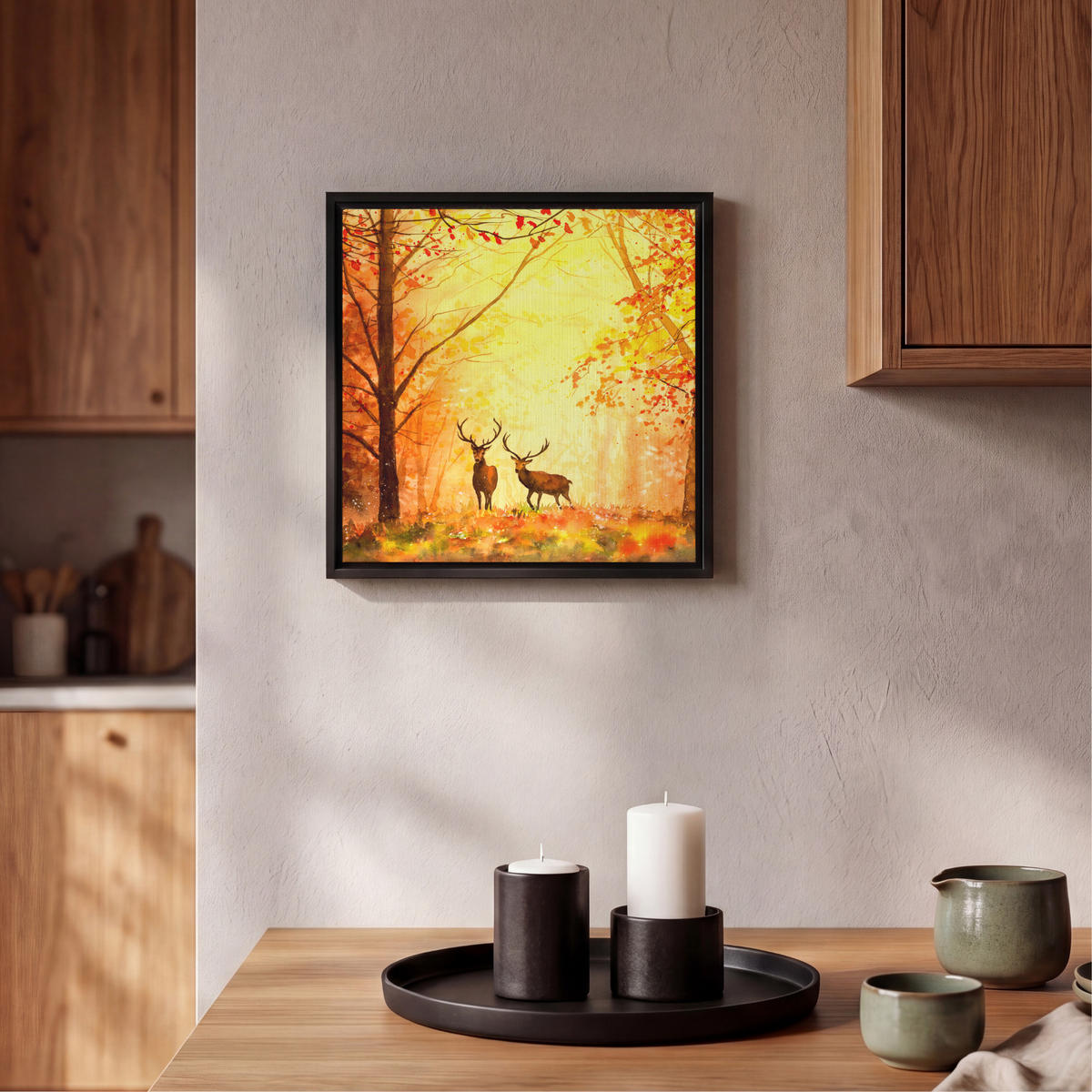 LEINWAND Bilder mit Rahmen - Natur - Ölfarbe - Hirsche - Tiere - Herbst - Orange - 20x20 - Orange, Textil (20/20cm) - MuchoWow