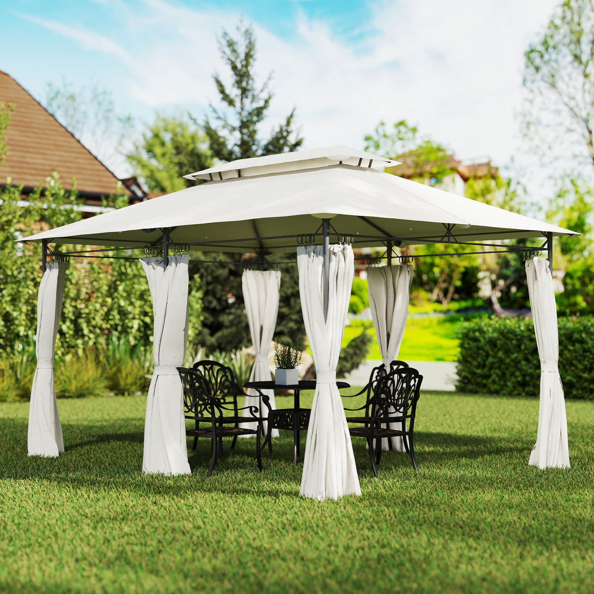 PAVILLON mit Doppeldach & 6 Seitenteile Cremeweiß - Creme, Textil/Metall (297/273/397cm) - Outsunny