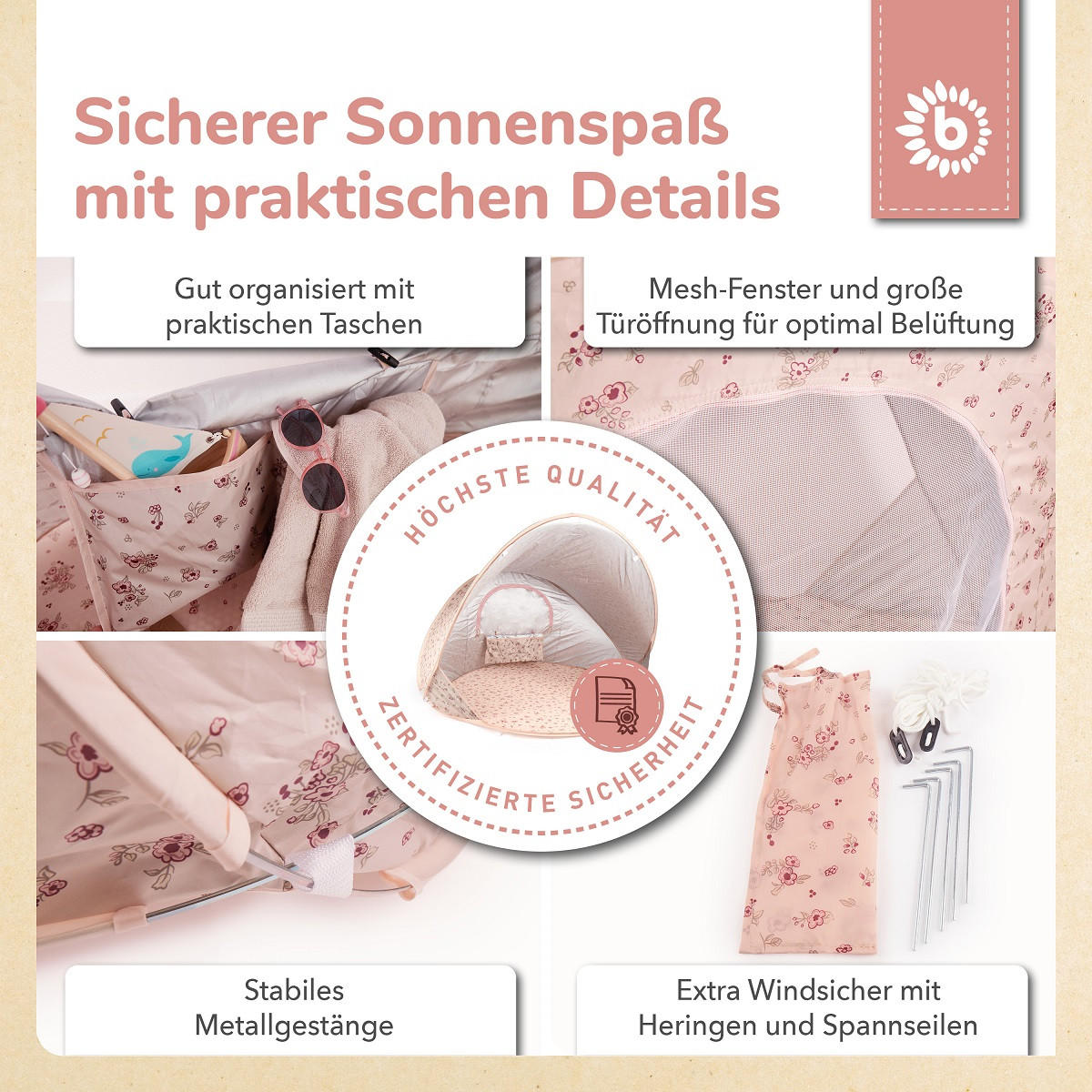 STRANDMUSCHEL Pop-up, UV-Schutz 40+ - Rosa, Textil (105/146cm) - Bieco Spielwaren