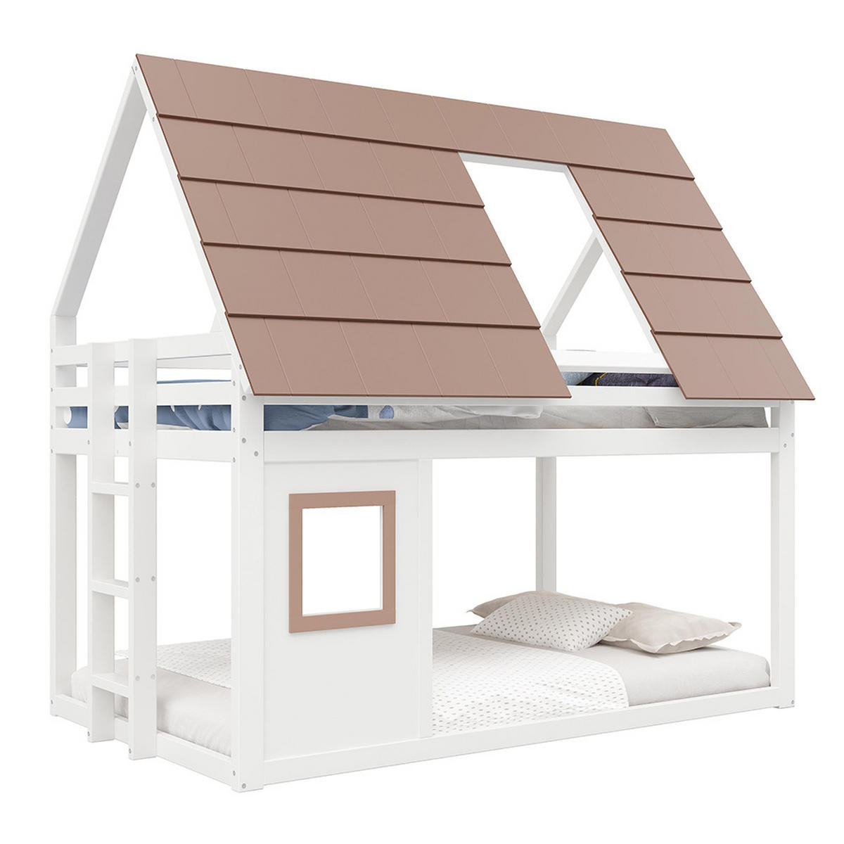 ETAGENBETT 140 x 200 cm mit Dach und Leiter, weiß + braun - Weiß, Holz (140/200cm) - KOMHTOM