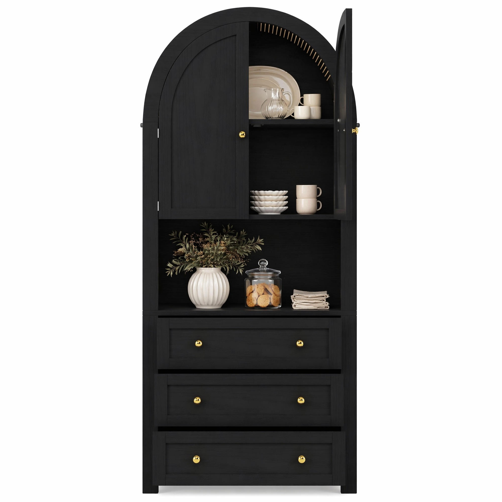HIGHBOARD in Schwarz mit Schubladen, Türen und offenen Regalen für Wohnzimmer, B70/T35/H180cm - Schwarz, Holzwerkstoff/Metall (70/180/35cm) - STILVORA