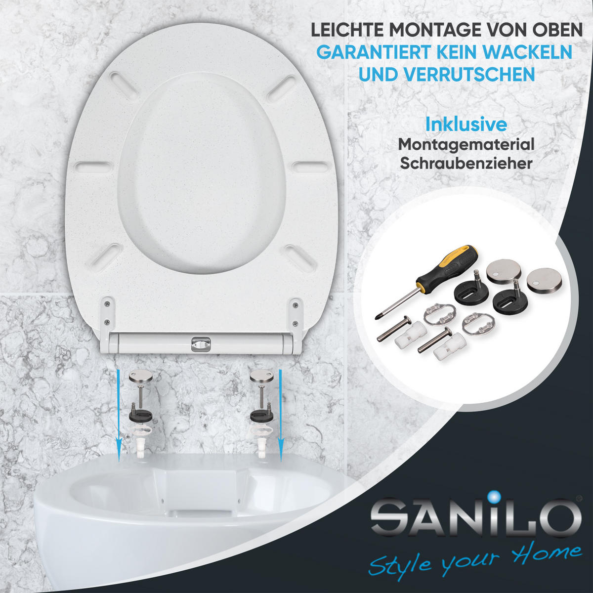 WC-SITZ mit Absenkautomatik & Top Fix Glitzer Weiß - Weiß, Holzwerkstoff (37.7/5.5/48cm) - Sanilo