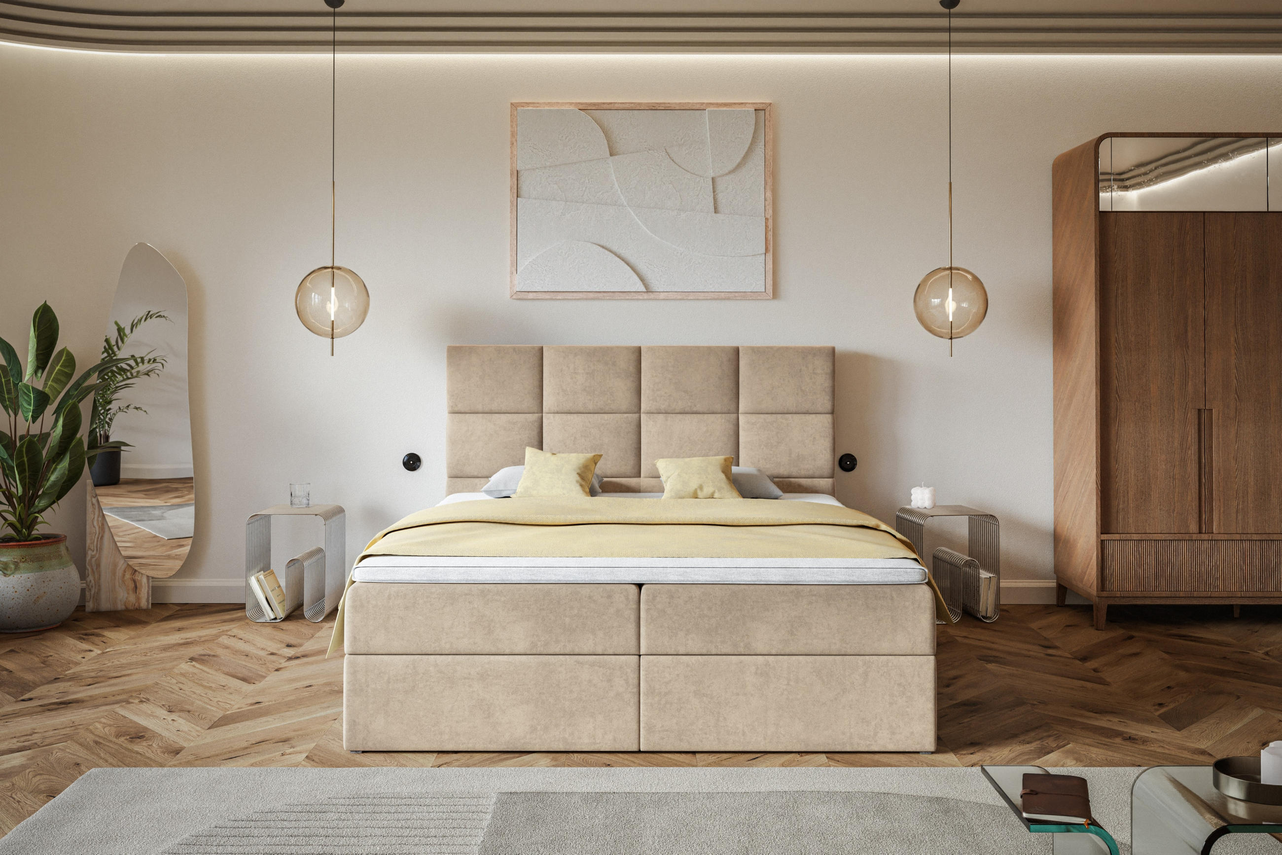 BOXBETT ROMA mit 2 Bettkästen, 120x200, Farbe: Sand, Velourstoff, Doppelbett mit Bonell-Matratze - Sahara, Holz/Kunststoff (120/200cm) - Alpi-Möbel
