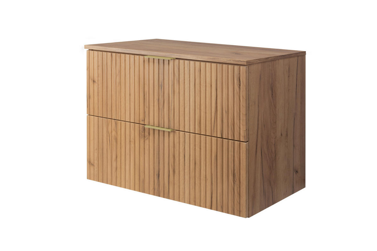 WASCHBECKUNTERSCHRANK, Eiche Craft, 80 x 57 x 46 cm, goldener Griff + Arbeitsplatte - Eichefarben/Goldfarben, Holzwerkstoff (80/57/46cm) - 3XE LIVING