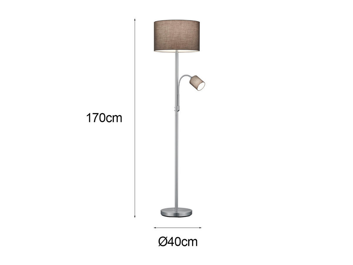 LED-STEHLAMPE Grau Höhe 170cm, mit Leselampe - Grau, Textil (40/40/170cm) - meineWunschleuchte