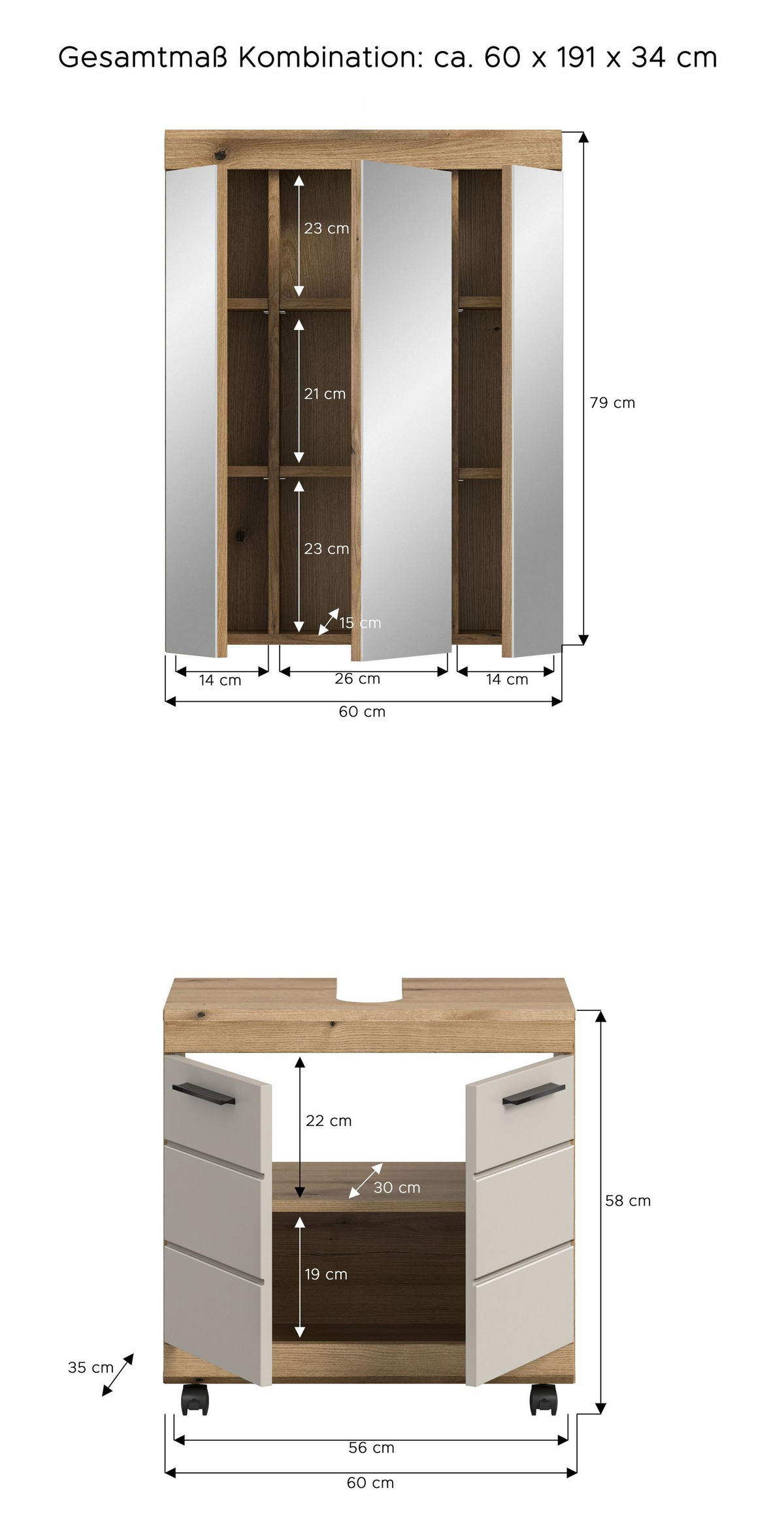 BADEZIMMER auf Rollen Vento 3-tlg. (B/H/T: ca. 60/191/34 cm) in Evoke Oak /- - Eichefarben, Holzwerkstoff (60/191/34cm)