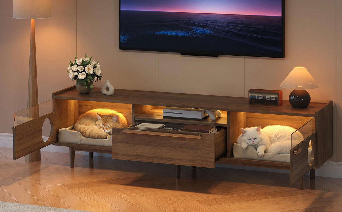 TV-SCHRANK 180x40x50cm Nussbaum LED mit Katzenruheraum Glas 1 Schublade - Walnussfarben, Holz (40/50/180cm) - FLIEKS