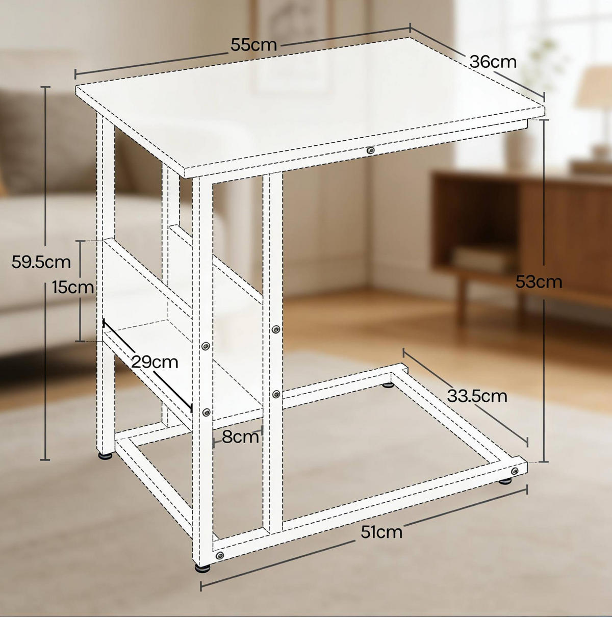 BEISTELLTISCH 55/36/59,5 cm mit Seitenregal und C-Form, Metall-Holz-Konstruktion, Grau in Holzoptik - Naturfarben, Holzwerkstoff (55/36/59.5cm) - Redom