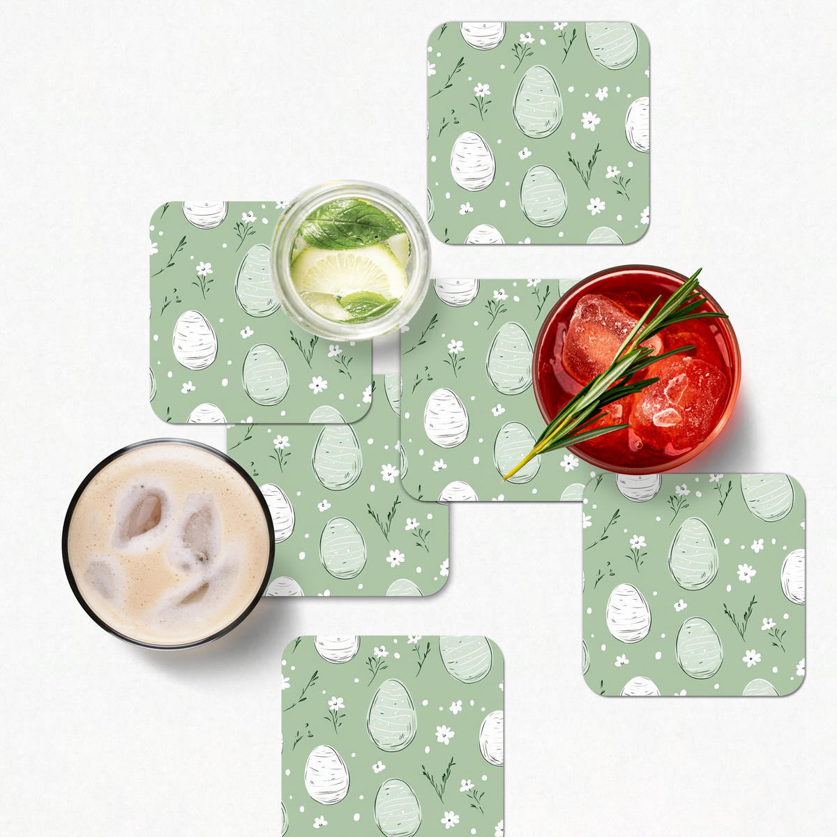GLASUNTERSETZER 6er-Set Grün - Eier - Muster 10x10 cm - Hellgrün, Naturmaterialien (10/0.2cm) - MuchoWow