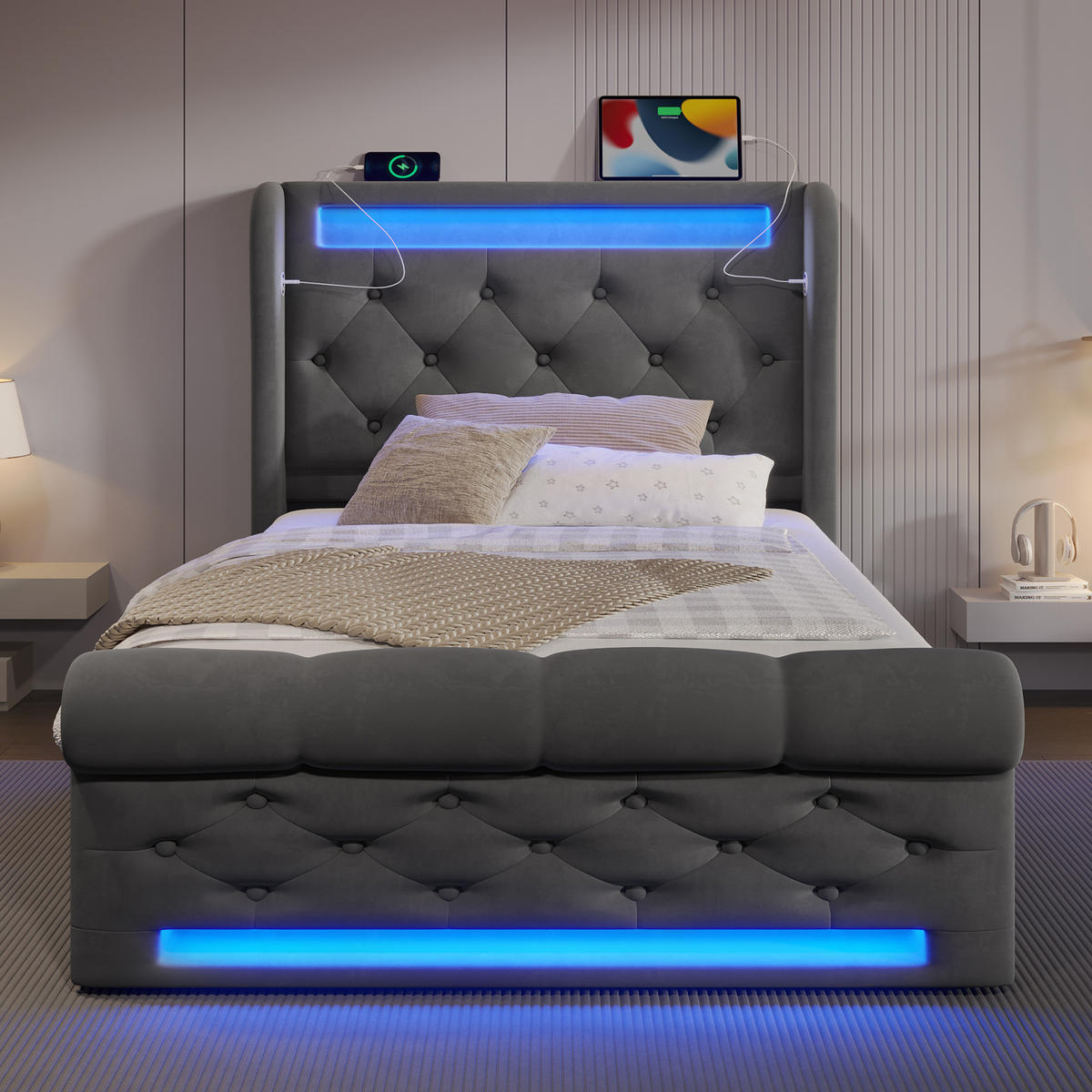 POLSTERBETT mit LED, Stauraum und USB 90x200 cm Samt Grau - Grau, Metall (90/200cm) - Meubliv