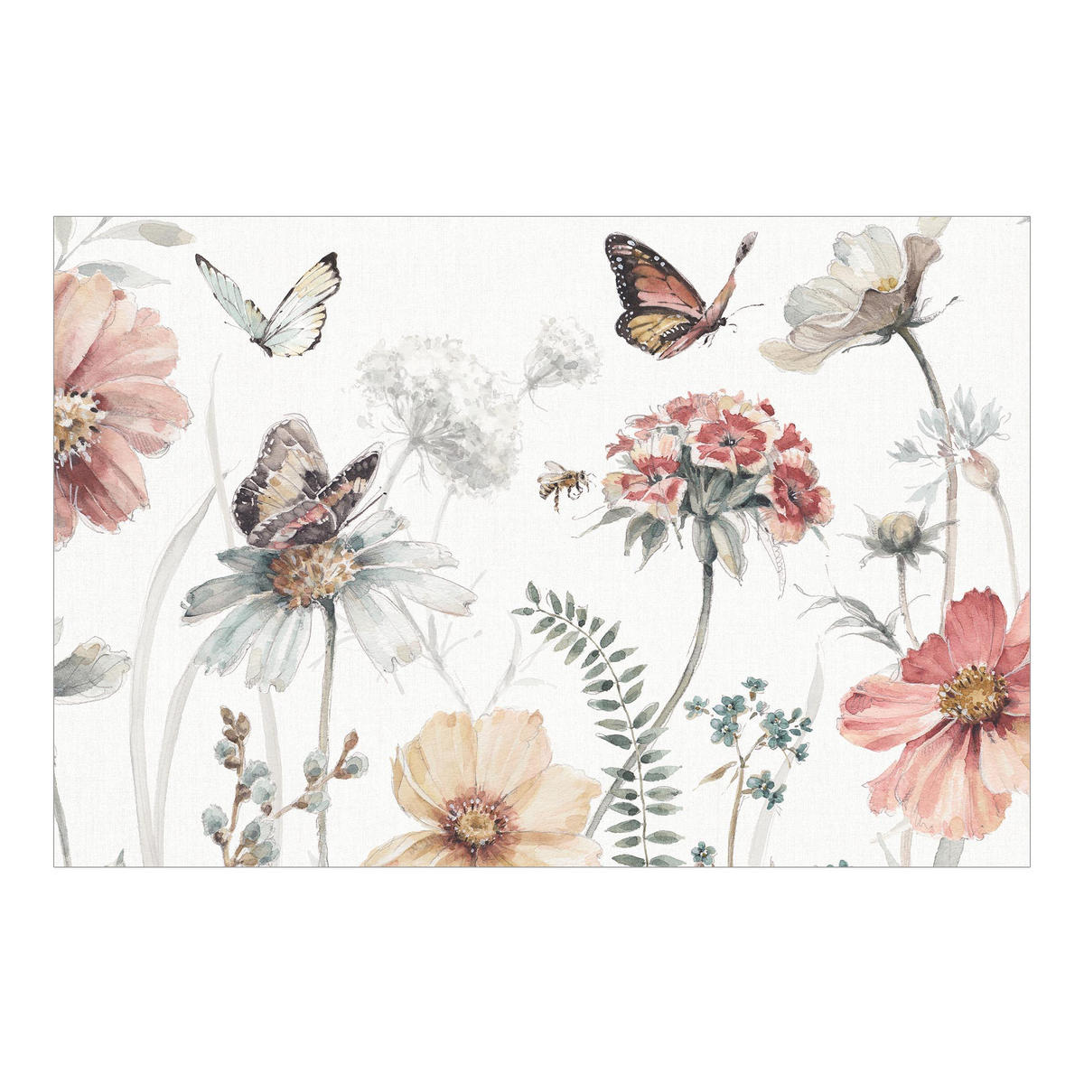 FOTOTAPETE Aquarell Blumenwiese mit Schmetterlingen 432/290 cm - Rosa, Papier (432/290cm) - Bilderwelten