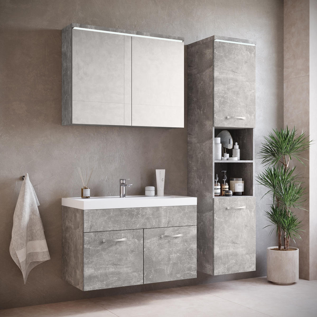 BADMÖBEL-SET Paso 2 Teile Beton Grau - 80 x 35 x 55 cm - Grau, Holz (80/55/40cm) - Badplaats