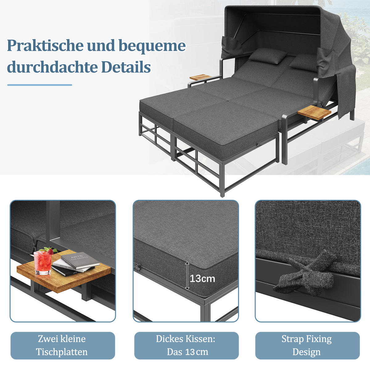 SONNENLIEGE 2-4 Personen Mit Faltbarem Sonnendach - Dunkelgrau, Metall (130/127/178cm) - FLIEKS