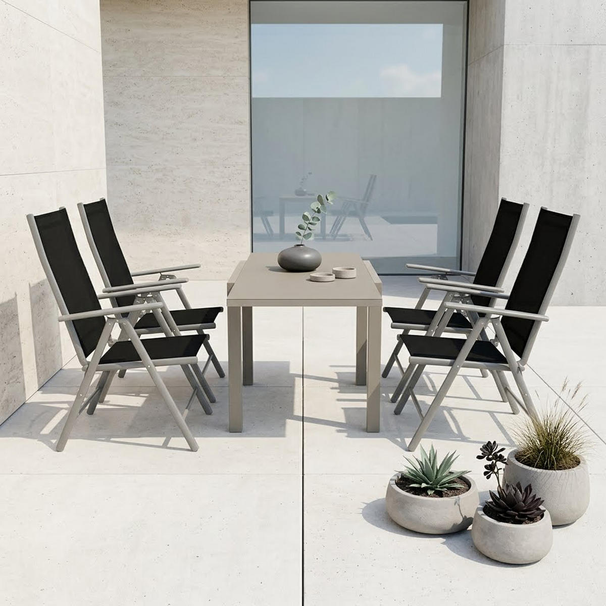 GARTEN-GARNITUR Ashford - 5-teilige Garten-Essgruppe (4x Klappsessel mit Aluminiumgestell grau, Bespannung Textilene schwarz - Schwarz, Metall - TPFGarden