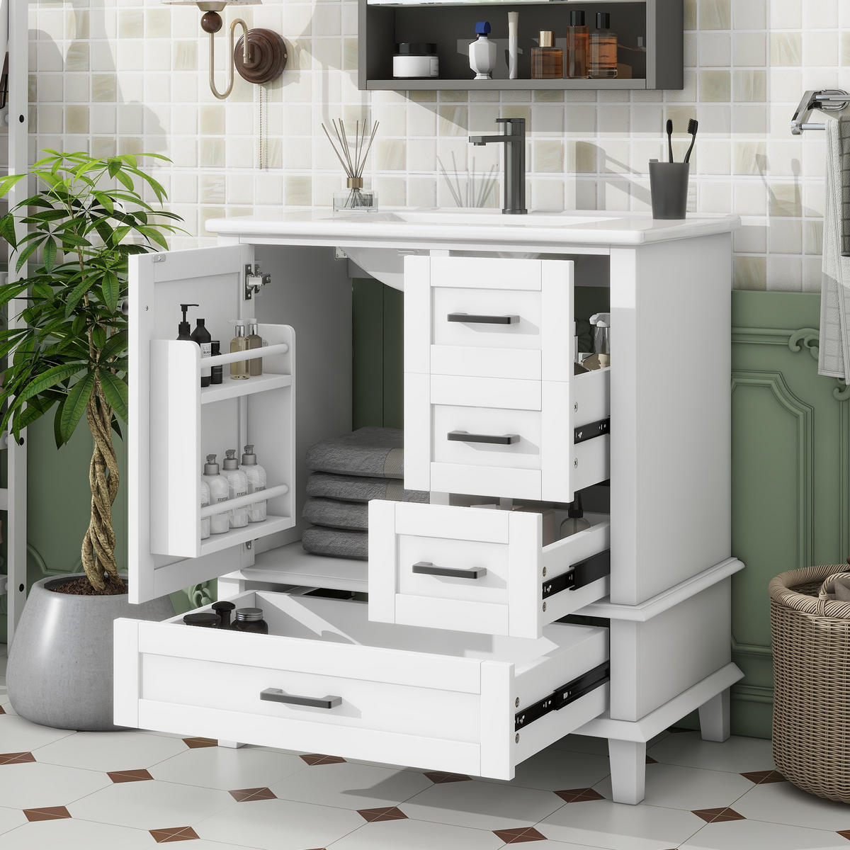WASCHTISCHKOMBI mit Keramikbecken 76x46x83.5cm in Weiß, 1 Schublade & 3 Türen - Weiß, Holzwerkstoff (76/83.5/46cm) - Modfu